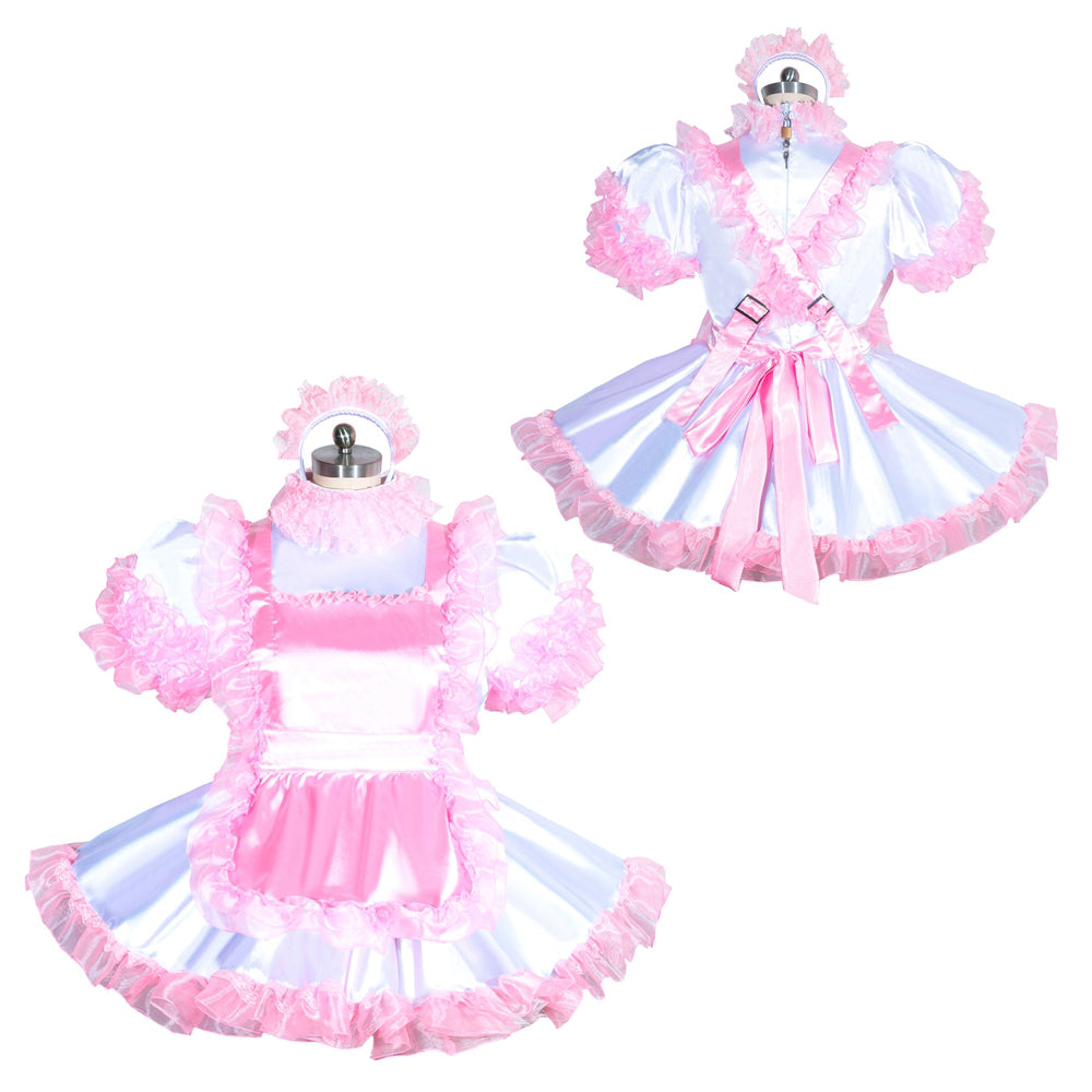 Pink and white sissy maid dress set with ruffles, bow, and matching headpiece on mannequin