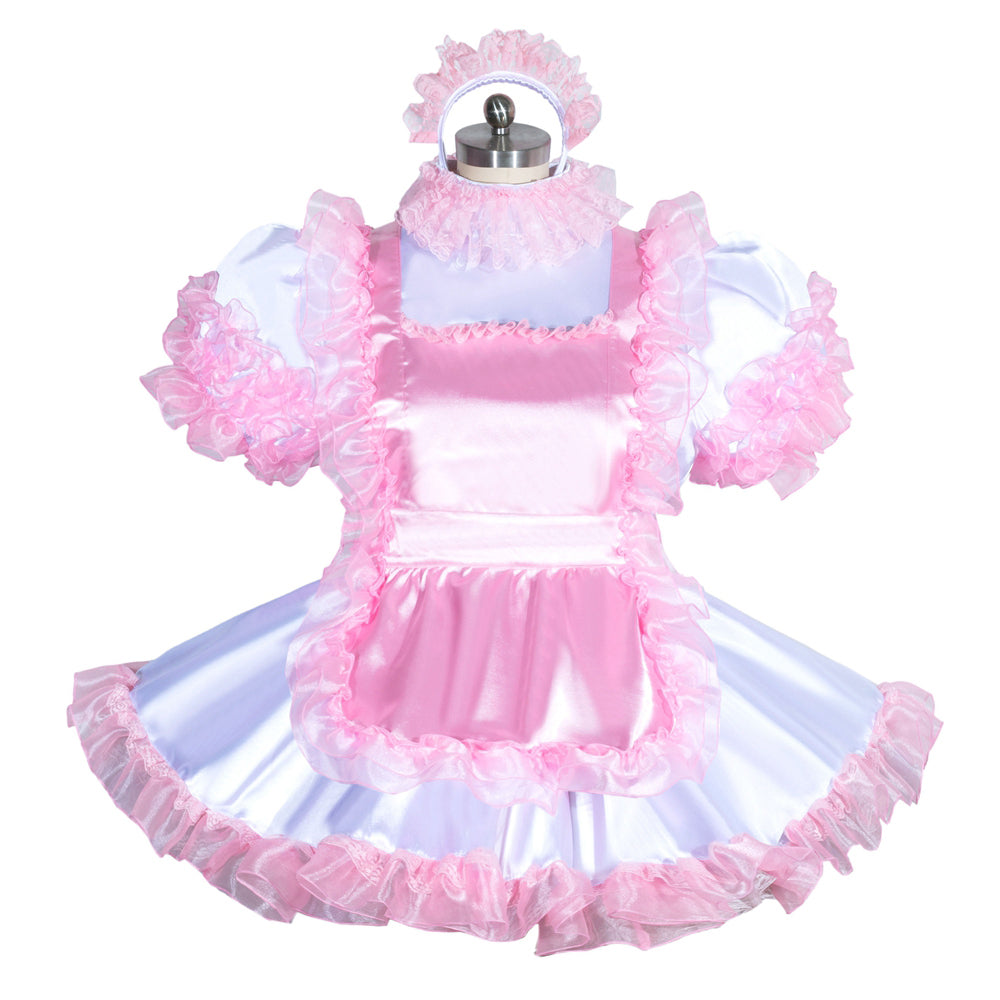 Pink sissy maid dress with ruffles, satin apron, and matching headpiece on mannequin