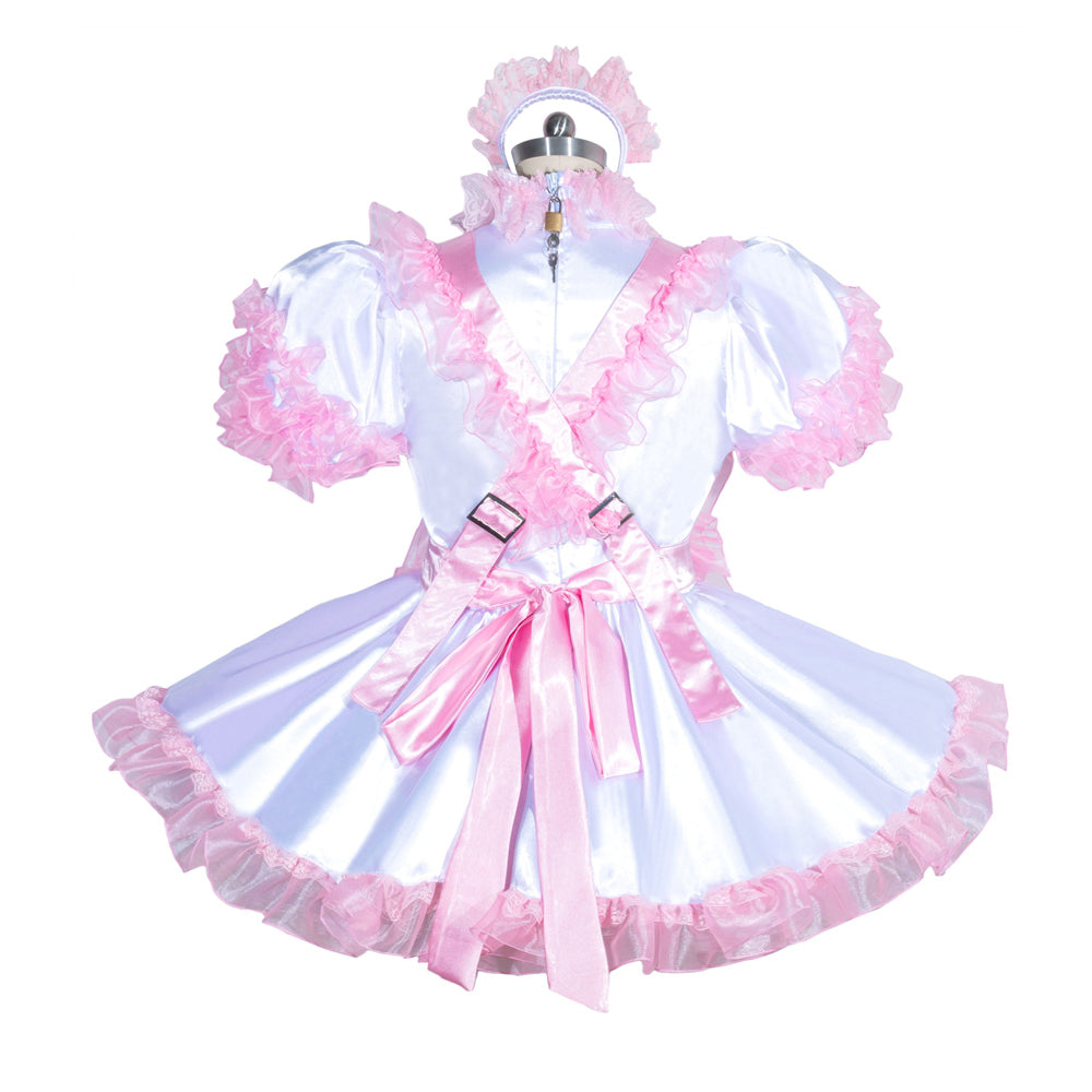 Pink and white sissy maid dress with ruffles, satin bow, and matching headpiece on mannequin