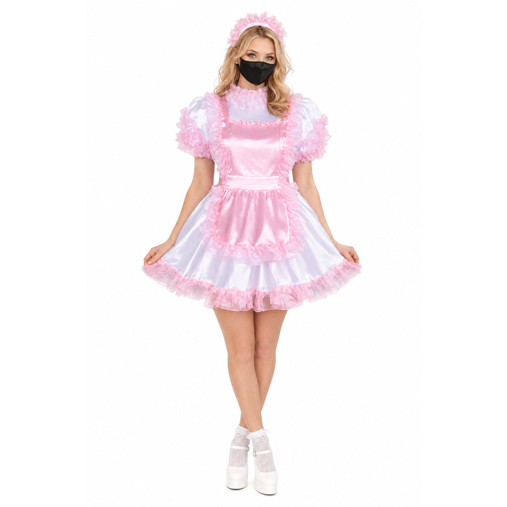 Pink and white sissy maid dress with ruffles, apron, and matching headband for costume fashion