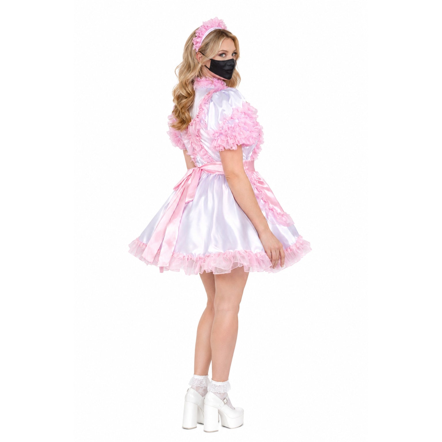 Pink and white sissy maid dress with ruffles, satin finish, and matching headband, styled with platform heels