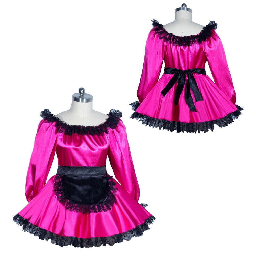 Pink sissy maid dress with black lace trim and bow, displayed on mannequin