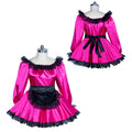 Pink sissy maid dress with black lace trim and bow, displayed on mannequin