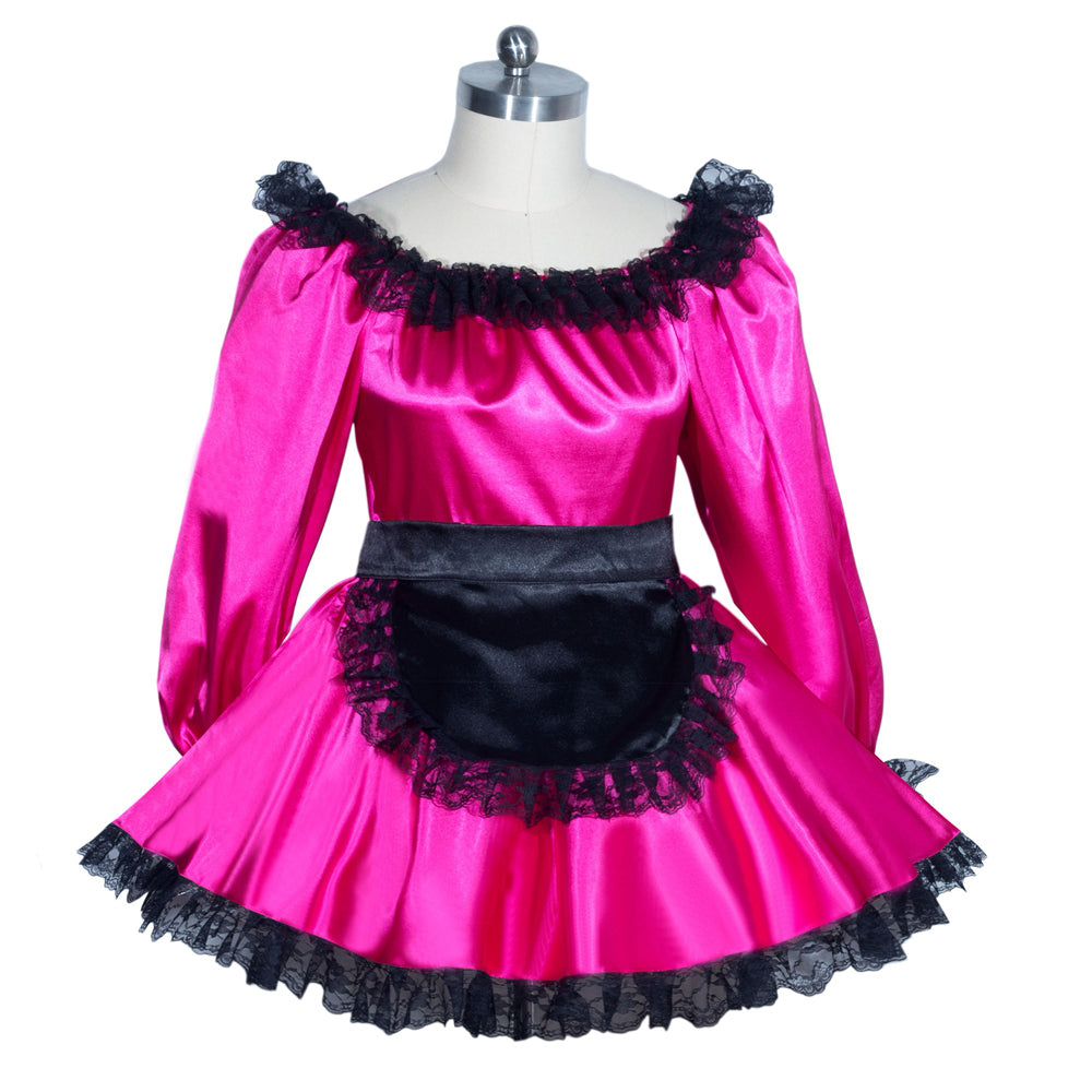 Pink sissy maid dress with black lace trim and apron, displayed on mannequin