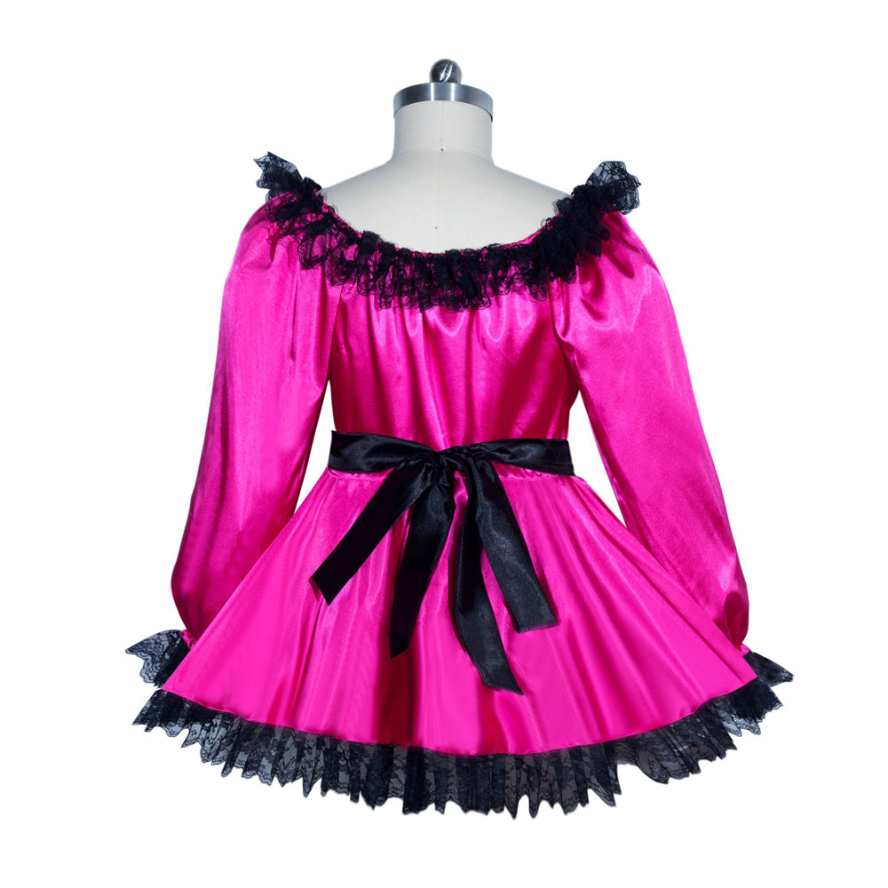 Pink sissy maid dress with black lace trim and bow, displayed on mannequin