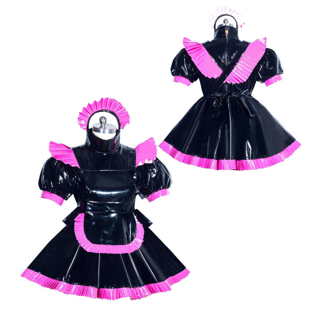 Black PVC sissy maid dress with pink ruffles, front and back view on mannequin