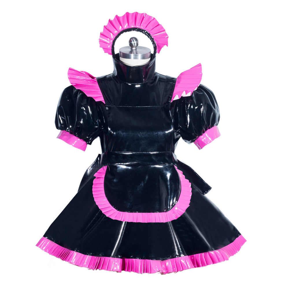 Black PVC sissy maid dress with pink ruffles, puffed sleeves, and matching headpiece for costume fashion