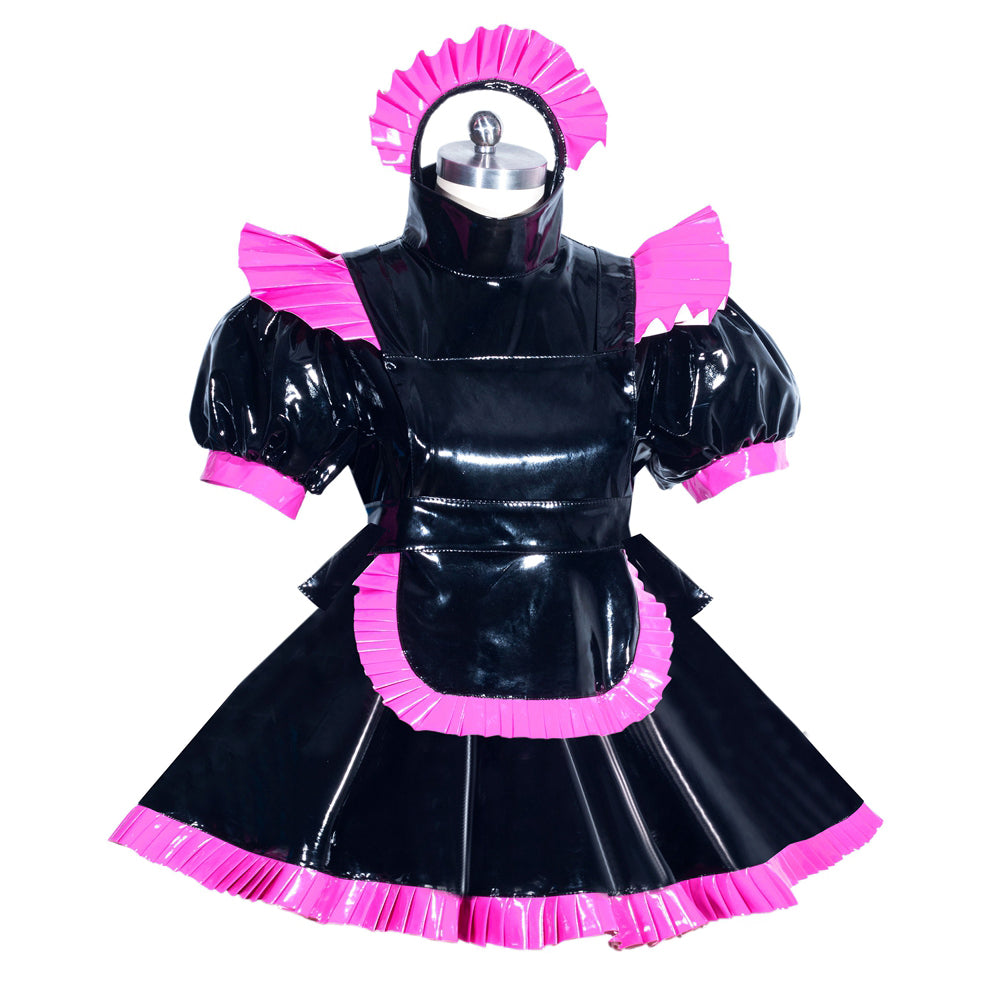 Black PVC sissy maid dress with pink ruffles and matching bonnet, featuring puffed sleeves and flared skirt.