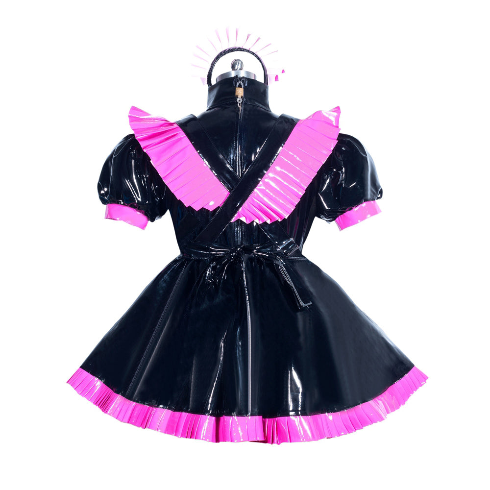 Black PVC sissy maid dress with pink pleated trim and back zipper, displayed on mannequin