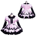 Pink and black sissy maid dress with lace, bows, and ruffles, shown front and back on mannequin