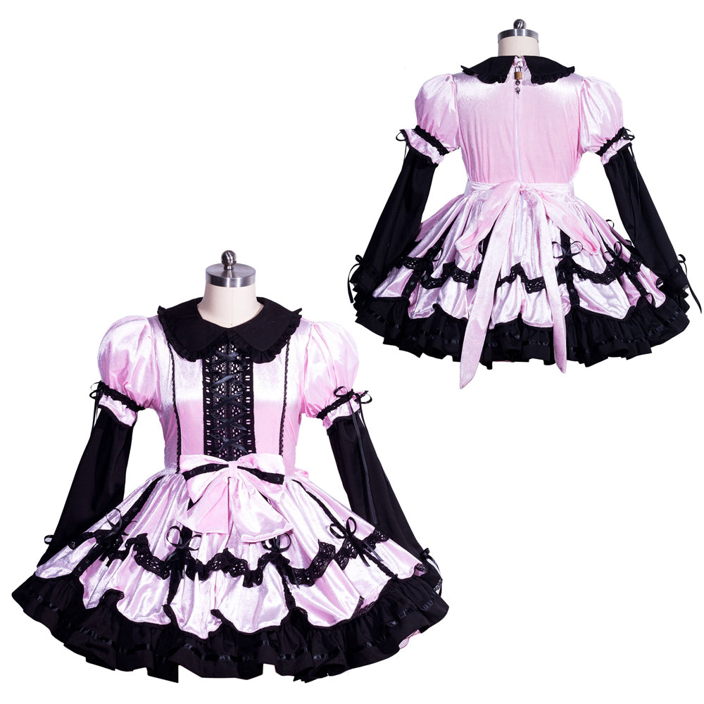 Pink and black sissy maid dress with lace, bows, and ruffles, shown front and back on mannequin