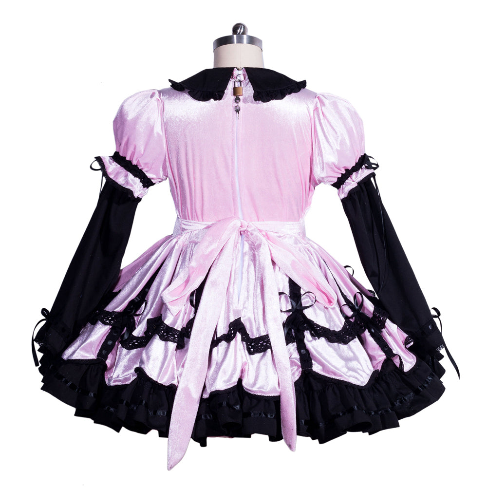 Pink and black sissy maid dress with lace trim, ruffles, and lock detail on mannequin