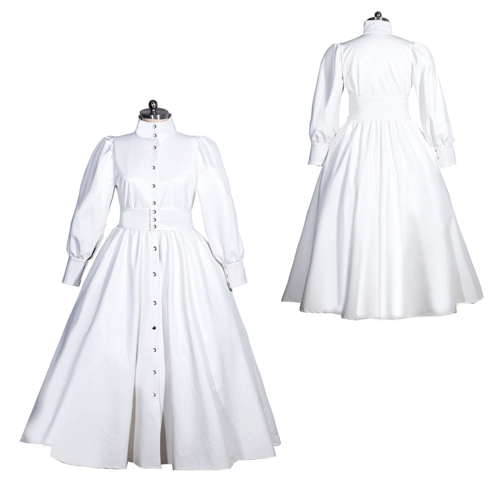 White sissy maid dress with button front, puffed sleeves, and full skirt shown front and back