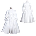 White sissy maid dress with button front, puffed sleeves, and full skirt shown front and back