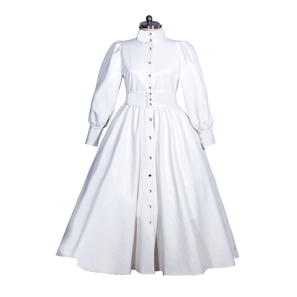 White sissy maid dress with button front, puffed sleeves, and full skirt on mannequin