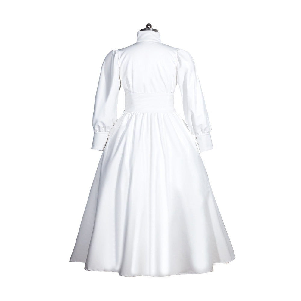 White sissy maid dress with long sleeves and fitted waist, shown from back on mannequin