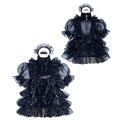 Black sissy maid dress with ruffles, sheer sleeves, and matching headpiece, elegant gothic style