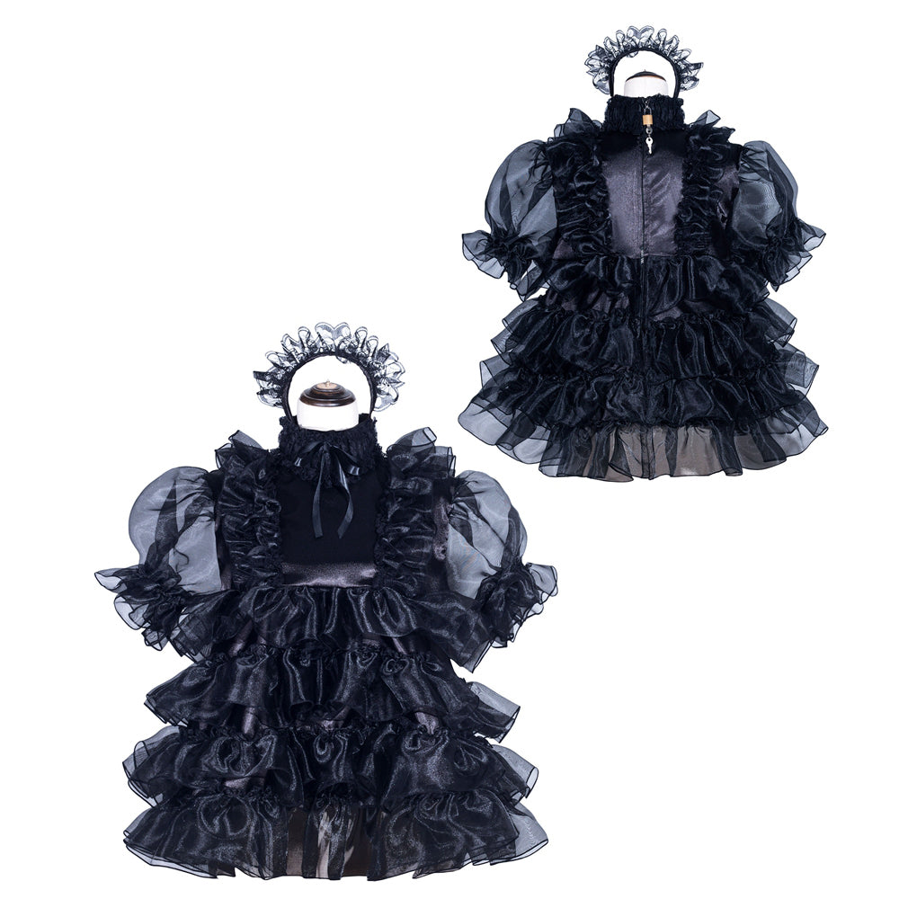 Black sissy maid dress with ruffles, sheer sleeves, and matching headpiece, elegant gothic style