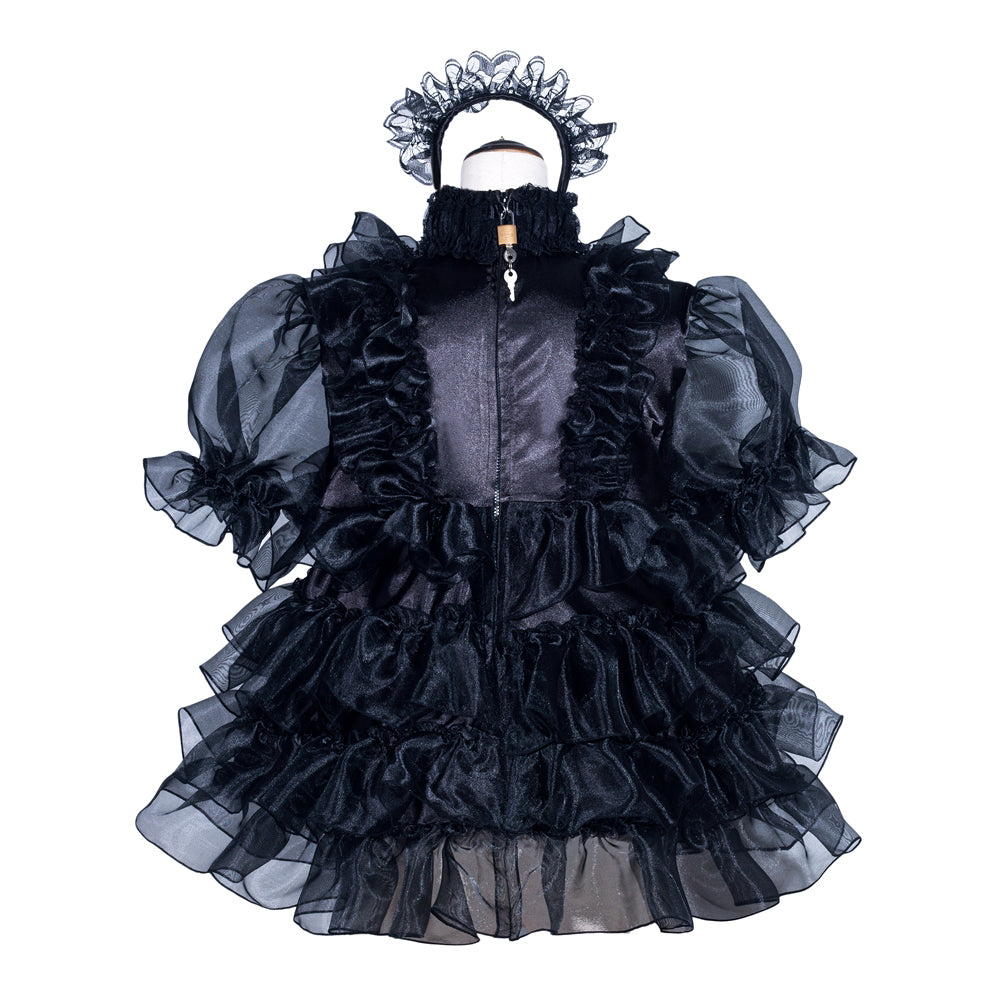 Black ruffled sissy maid dress with lace headband and front lock detail