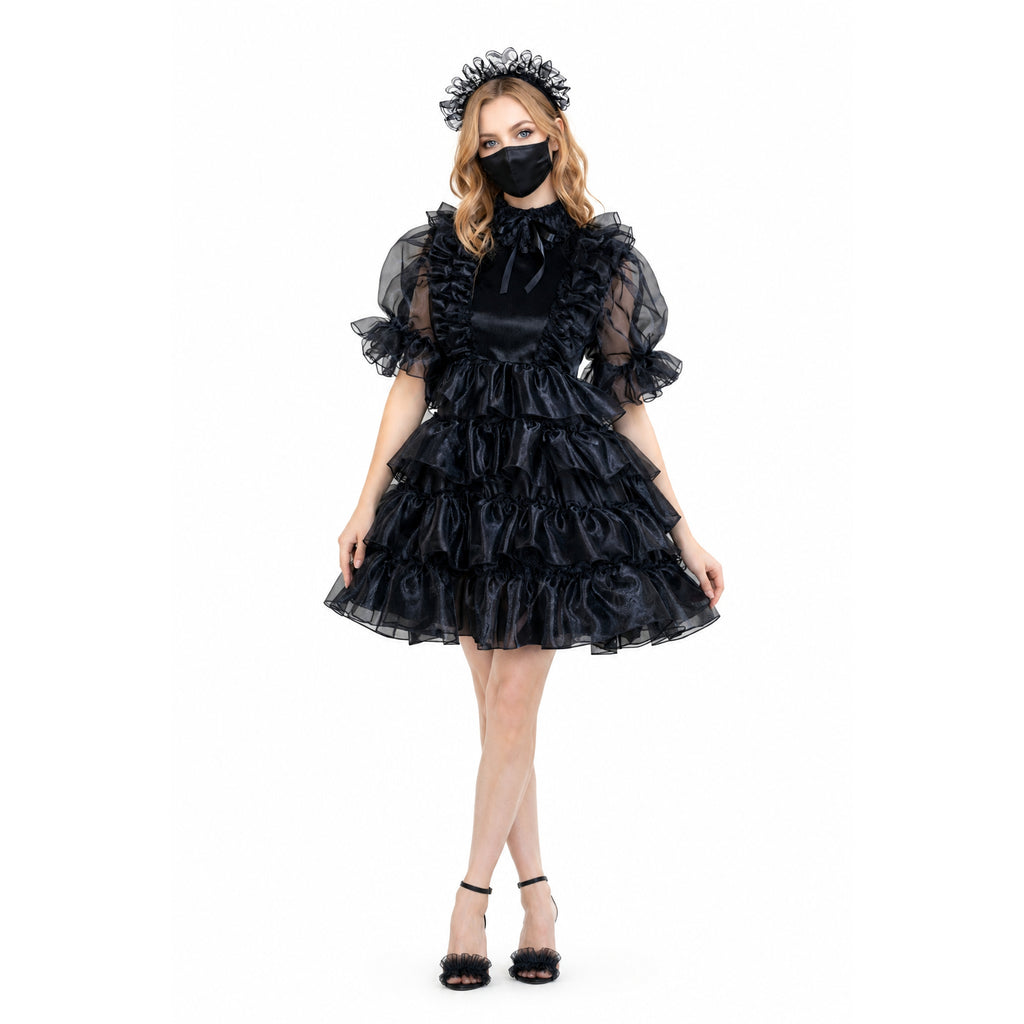 Black ruffled sissy maid dress with sheer sleeves and matching headpiece