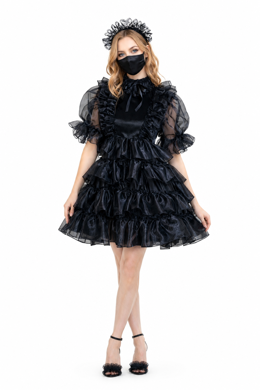 Schwarzes Satin- & Organza-Kleid G3968