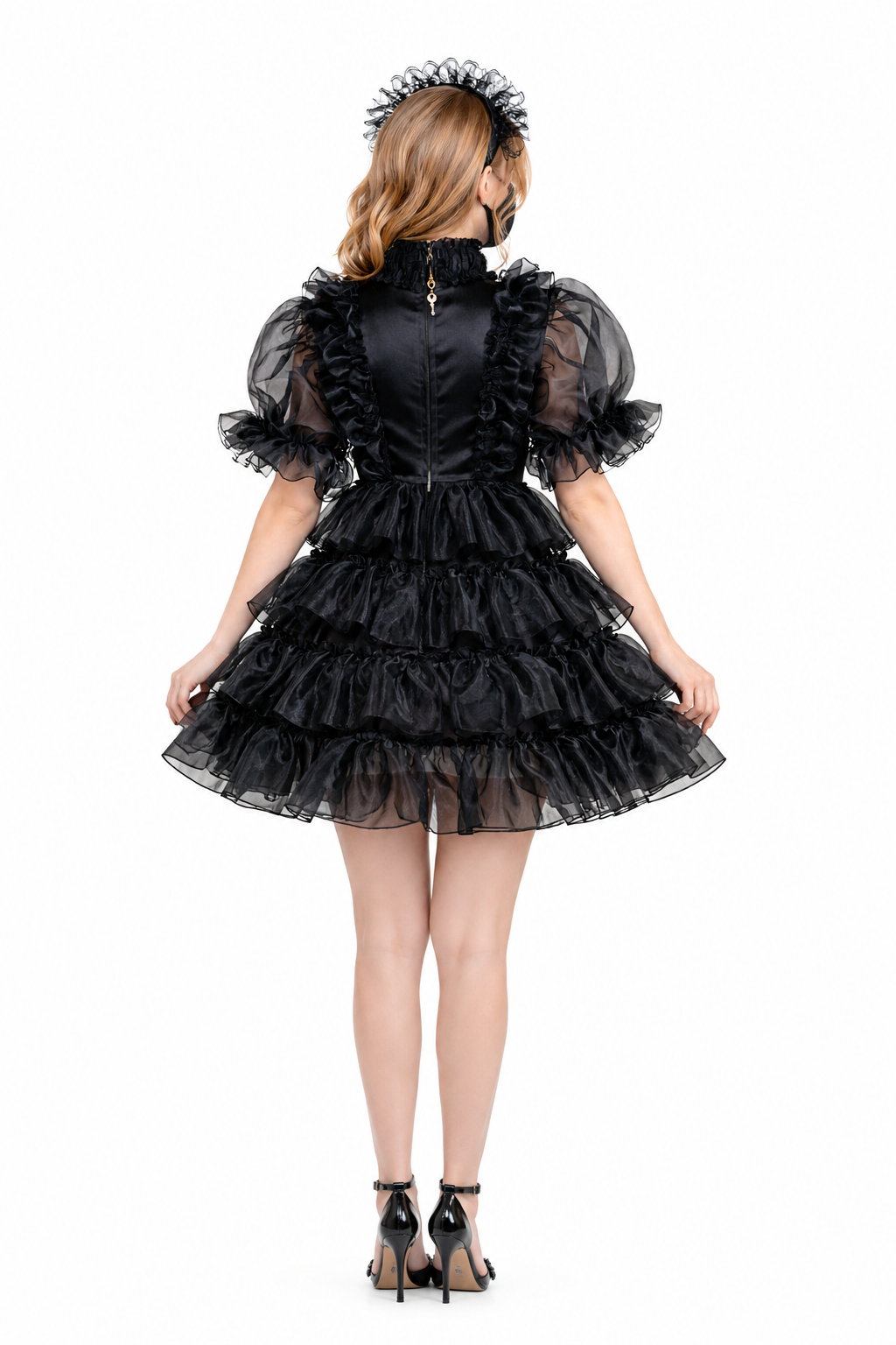 Schwarzes Satin- & Organza-Kleid G3968