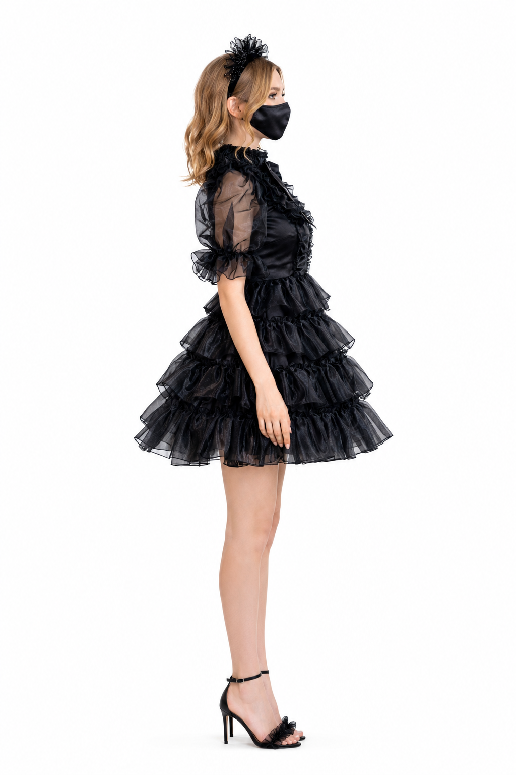Schwarzes Satin- & Organza-Kleid G3968