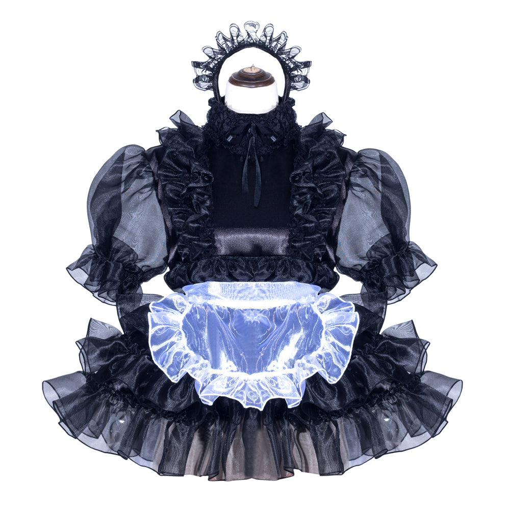 Black sissy maid dress set with ruffles, sheer sleeves, and lace headpiece for boutique costume fashion