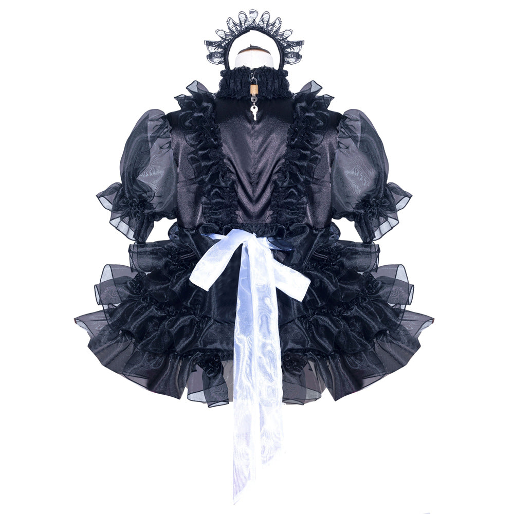 Black sissy maid dress with ruffles, white bow, and lockable collar, featuring elegant French-style design.