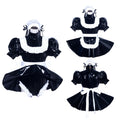 Black PVC sissy maid dress set with white ruffles, apron, and bonnet, shown front and back views