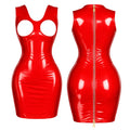 Red PVC sissy maid dress with front cutouts and back zipper, form-fitting design