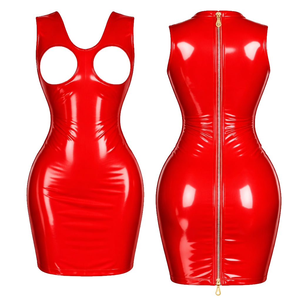 Red PVC sissy maid dress with front cutouts and back zipper, form-fitting design