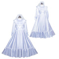 White sissy maid dress with lace trim, long sleeves, and ruffled hem on mannequin