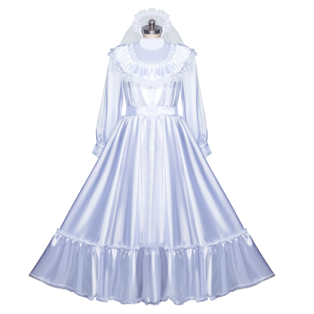 White sissy maid dress with ruffled collar, long sleeves, and layered skirt on mannequin