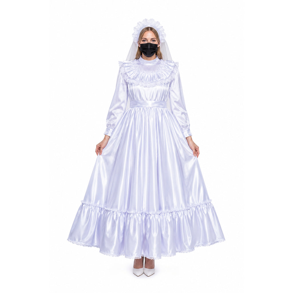 White satin sissy maid dress with lace trim, ruffled collar, and matching bonnet for costume fashion