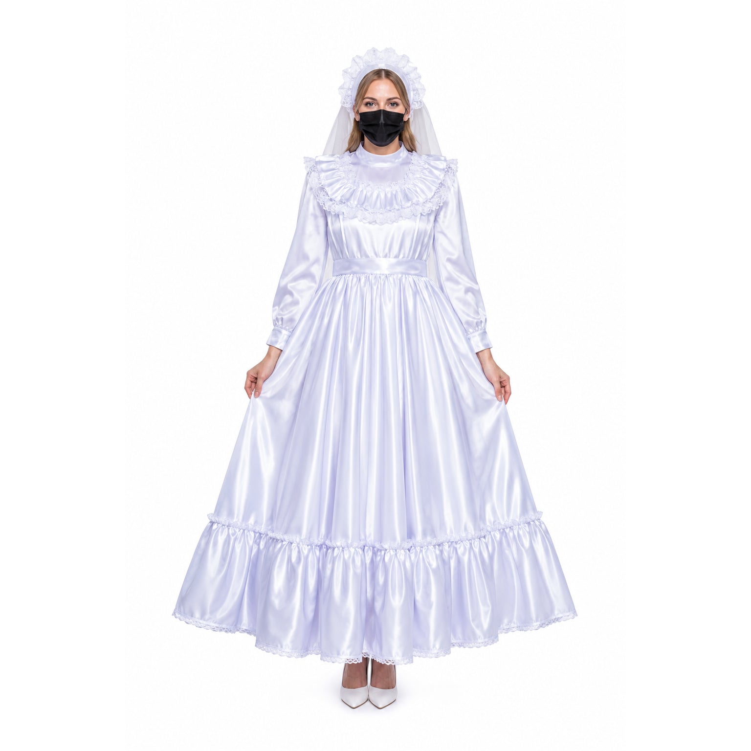 White satin sissy maid dress with lace trim, ruffled collar, and matching bonnet for costume fashion
