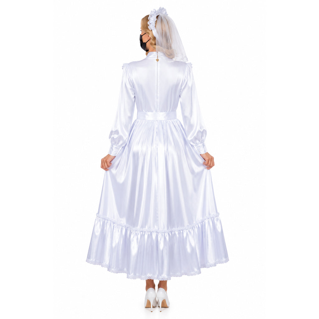 White satin sissy maid dress with lace trim, veil, and high heels, back view