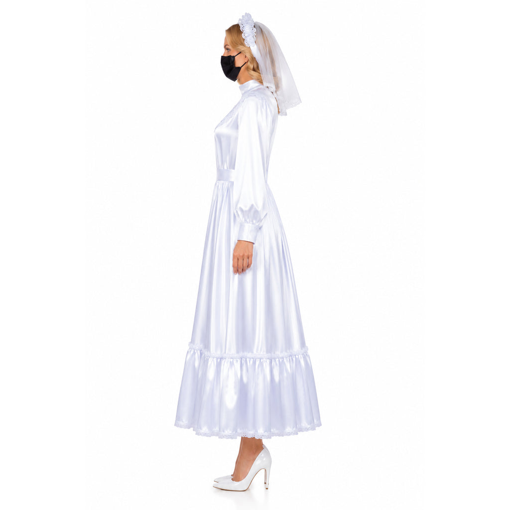 White sissy maid dress with lace trim, veil, and heels, side view