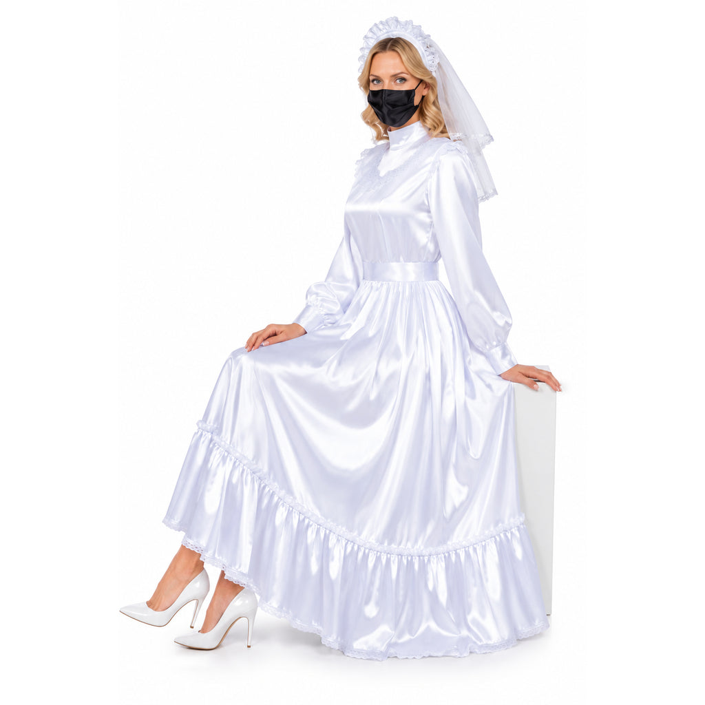 White satin sissy maid dress with lace trim, veil, and high heels, styled for elegant costume fashion.