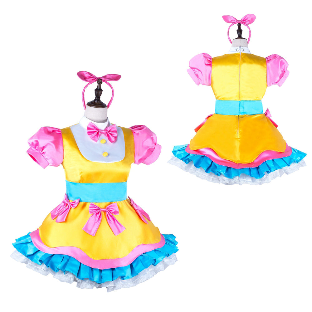 Yellow and pink sissy maid dress with blue trim, puffy sleeves, and bow accents on mannequin