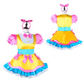 Yellow and pink sissy maid dress with blue trim, puffy sleeves, and bow accents on mannequin