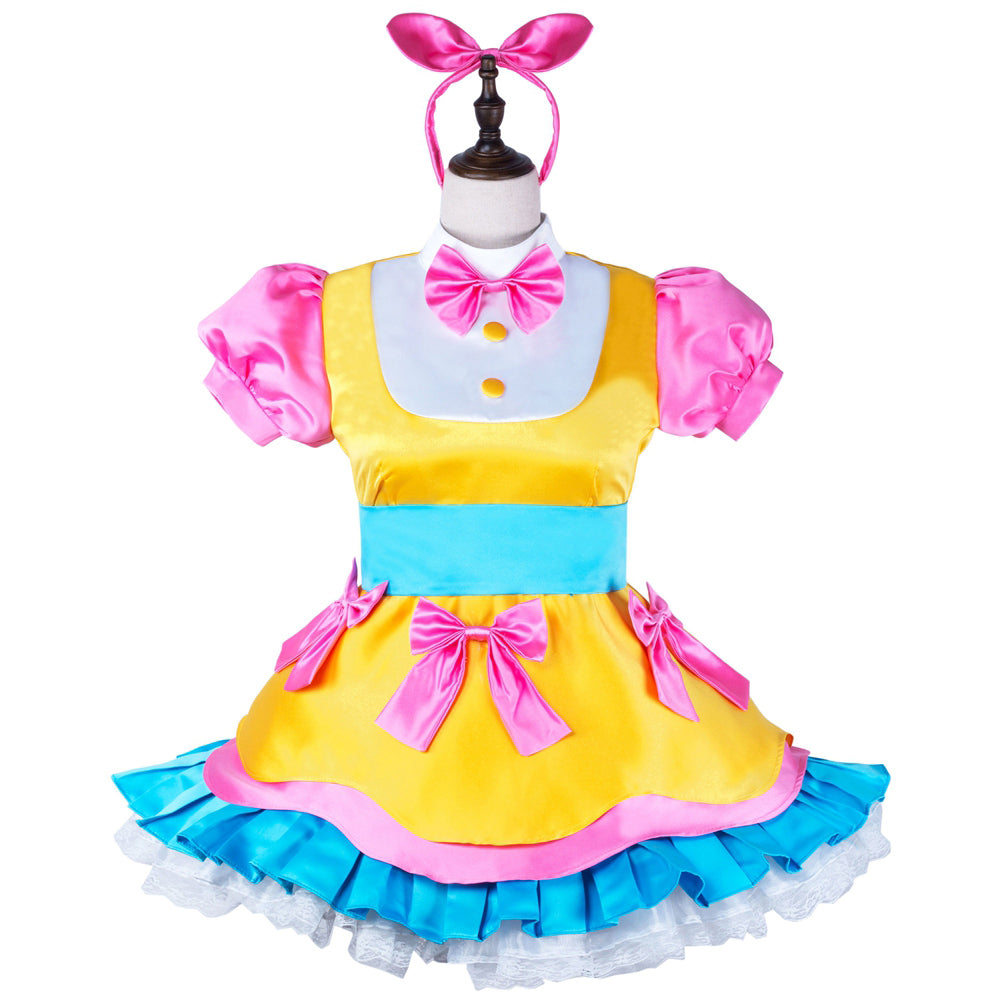 Yellow and pink sissy maid dress with blue accents, ruffles, and matching bow headband