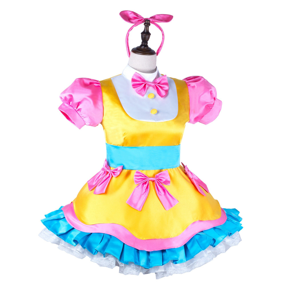 Yellow and pink sissy maid dress with blue sash, ruffles, and matching headband on mannequin