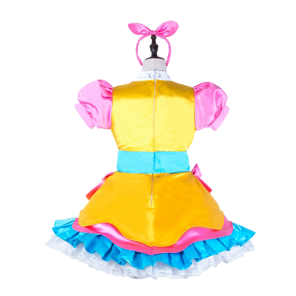 Yellow sissy maid dress with pink sleeves, blue waistband, and ruffled skirt on mannequin