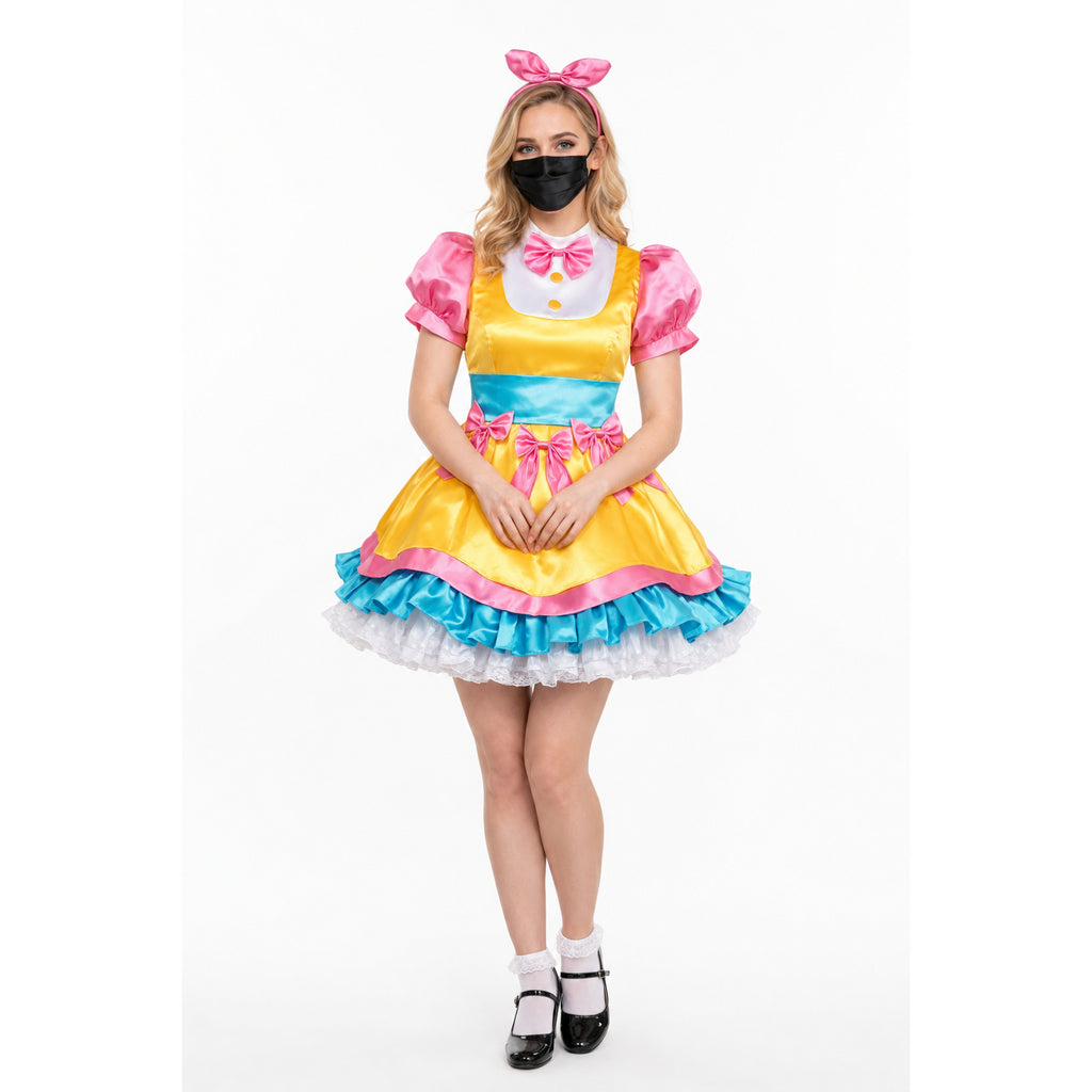 Sissy maid dress in yellow, pink, and blue with bows, ruffles, and matching headband for costume fashion
