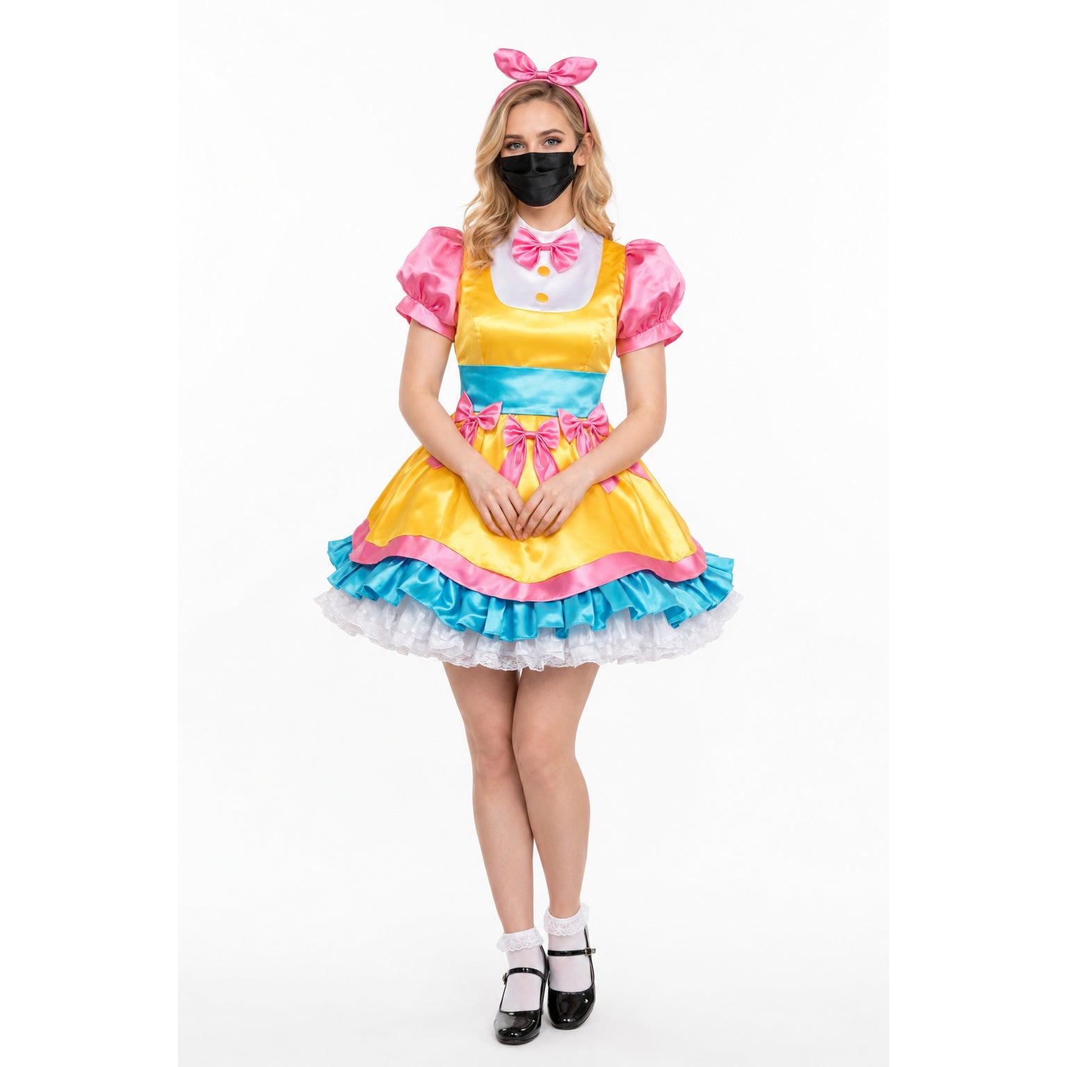 Sissy maid dress in yellow, pink, and blue with bows, ruffles, and matching headband for costume fashion