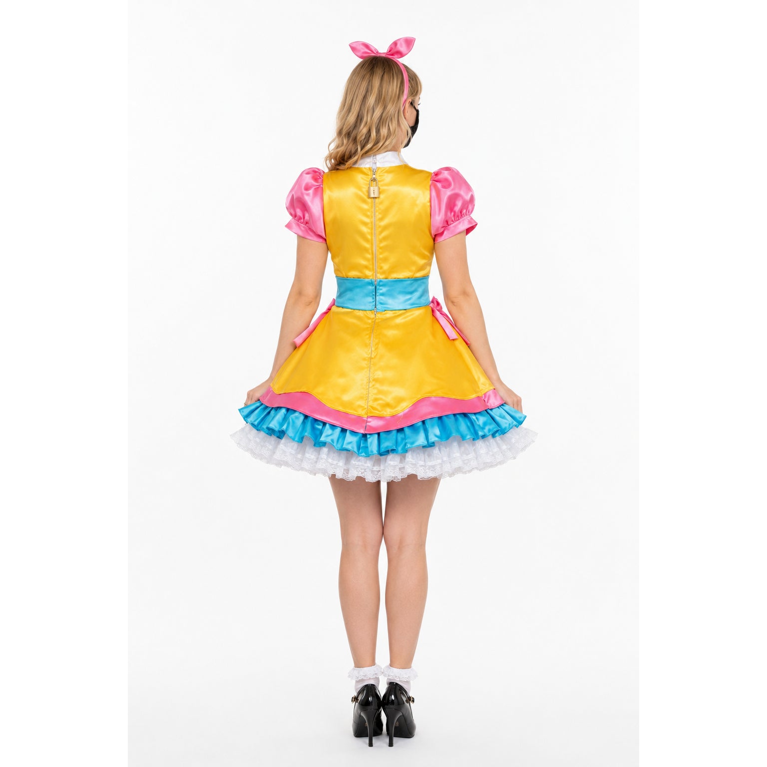 Back view of sissy maid dress with yellow satin, pink puffed sleeves, blue waistband, and ruffled skirt
