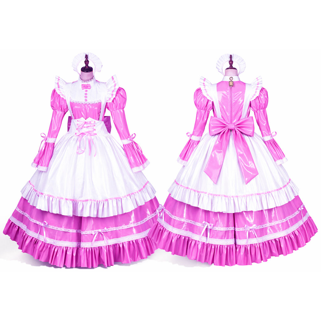Pink and white sissy maid dress with ruffles, bow, and PVC accents shown front and back