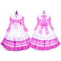 Pink and white sissy maid dress with ruffles, bow, and PVC accents shown front and back
