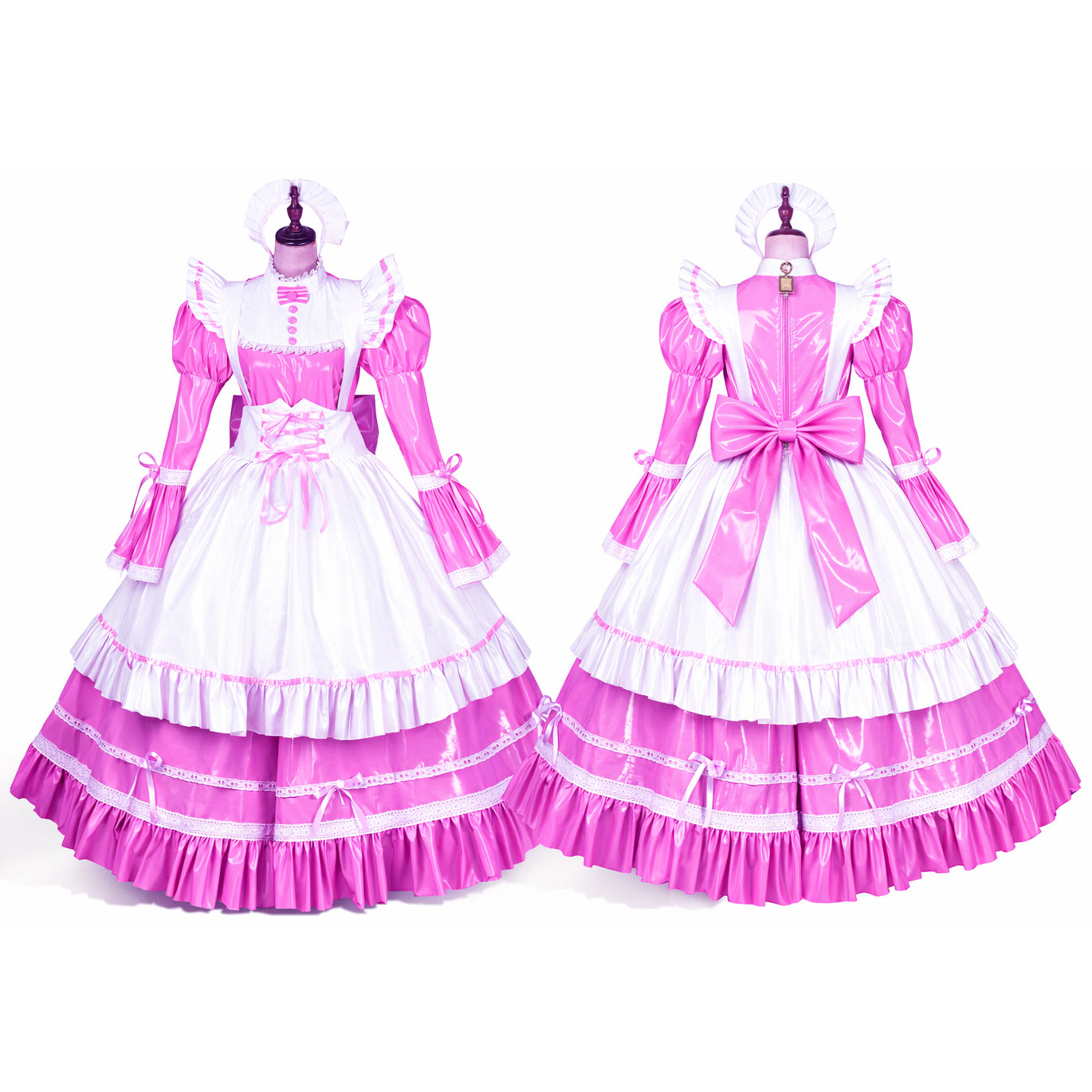 Pink and white sissy maid dress with ruffles, bow, and PVC accents shown front and back
